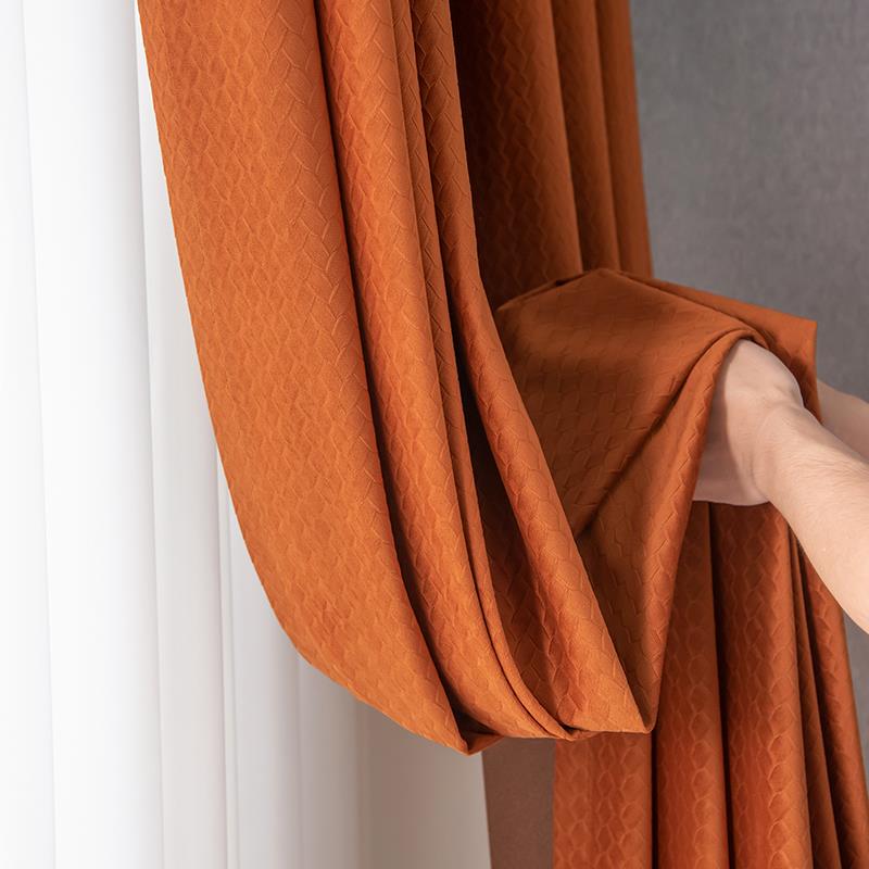 北欧轻奢窗帘卧室遮光简约现代客厅隔热南瓜橙天鹅绒布丝绒落地窗