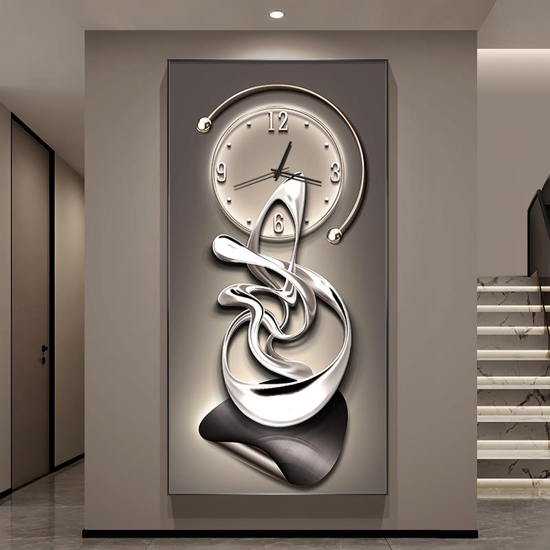 现代简约玄关装饰画带时钟表高级感进门入户挂画轻奢走廊过道壁画