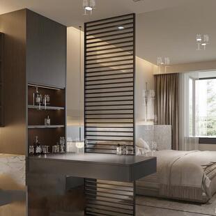 意式轻奢格栅屏风隔断主卧套房遮挡门对床不锈钢铁艺金属条纹现代