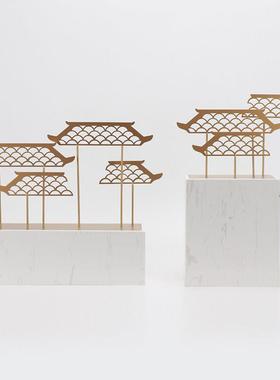 现代简约新中式大理石铁艺屋檐摆件样板房间客厅书房电视柜装饰品