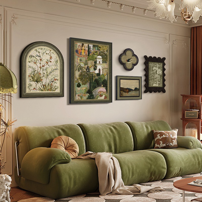 法式中古风客厅装饰画复古沙发背景墙挂画高级感艺术抽象组合壁画