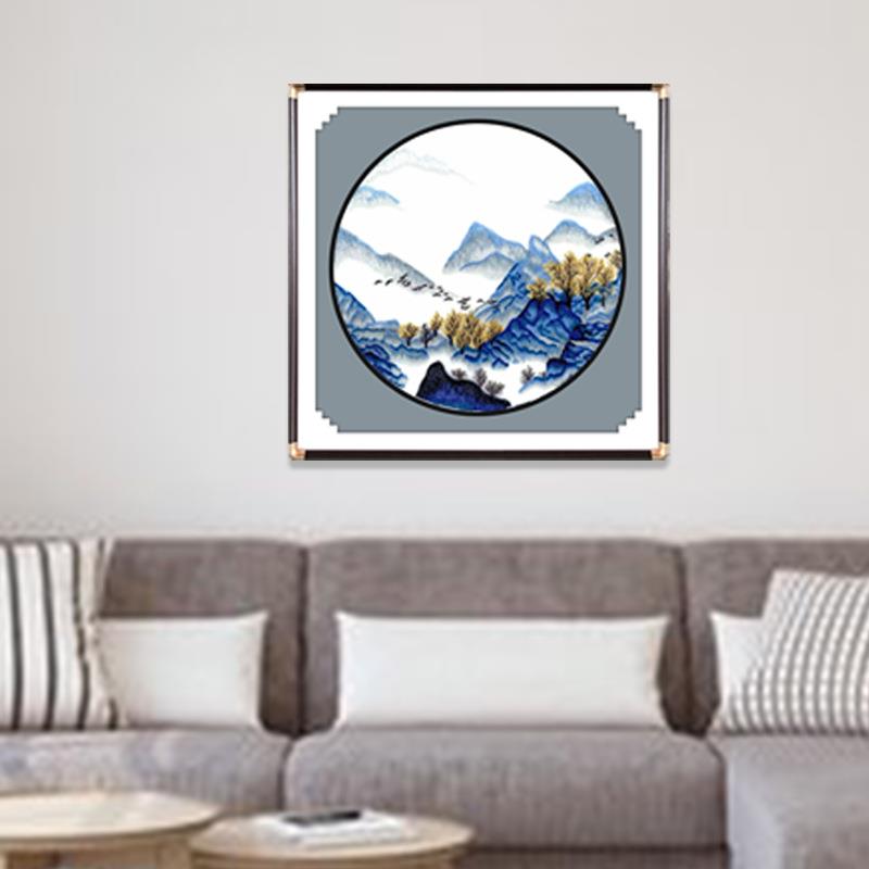 中国风苏绣成品挂画透纱餐厅新中式古典装饰画国画山水壁画铜拉丝
