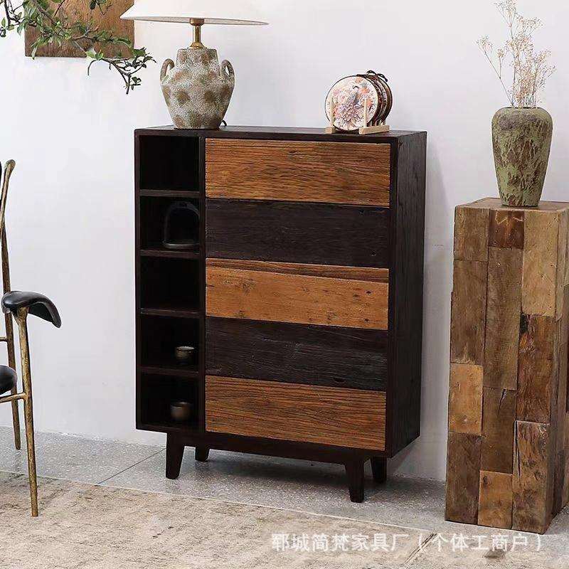 诧寂风老榆木五斗柜风化板实木收纳柜茶具摆件玄关杂物整理展示柜