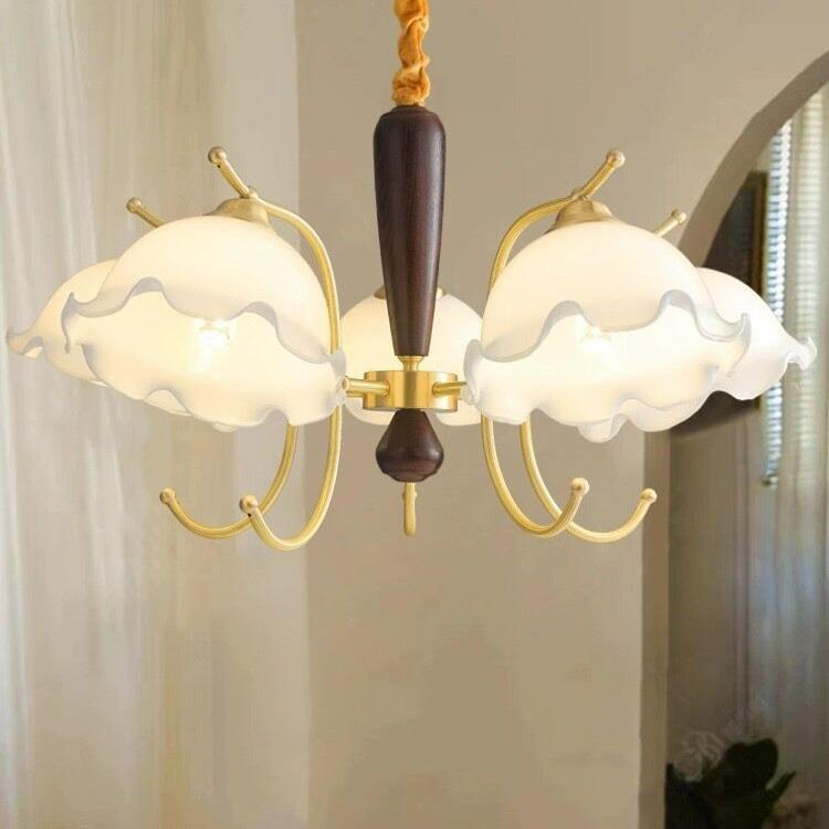 法式奶油全铜胡桃木花朵吊灯 全光谱护眼美式复古轻奢客厅餐厅灯