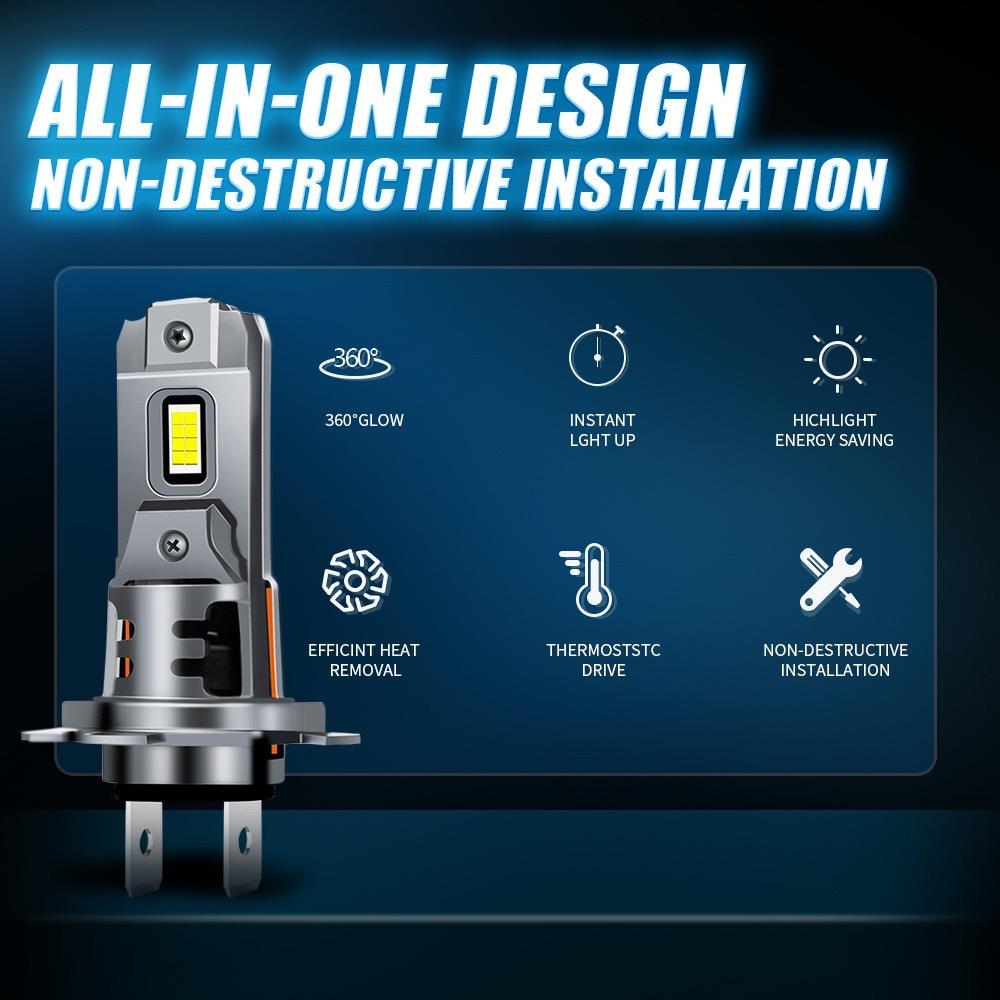 跨境新款直插H7带鳍片风扇汽车LED大灯16芯迷你无极高亮灯泡私模