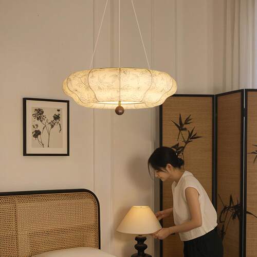 兰花卧室吊灯复古原木风实木南洋风餐厅灯法式中古风印花布艺灯具