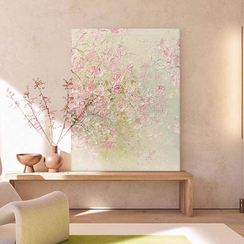 法式奶油风粉色桃花肌理手绘油画玄关挂画手工丙烯花卉客厅装饰画