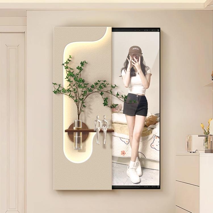 奶油风玄关推拉镜装饰画立体水培绿植led壁灯画隐藏式全身镜挂画