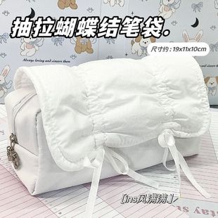 新款大容量抽拉蝴蝶结系带翻盖笔袋ins小众高颜值简约学生文具袋