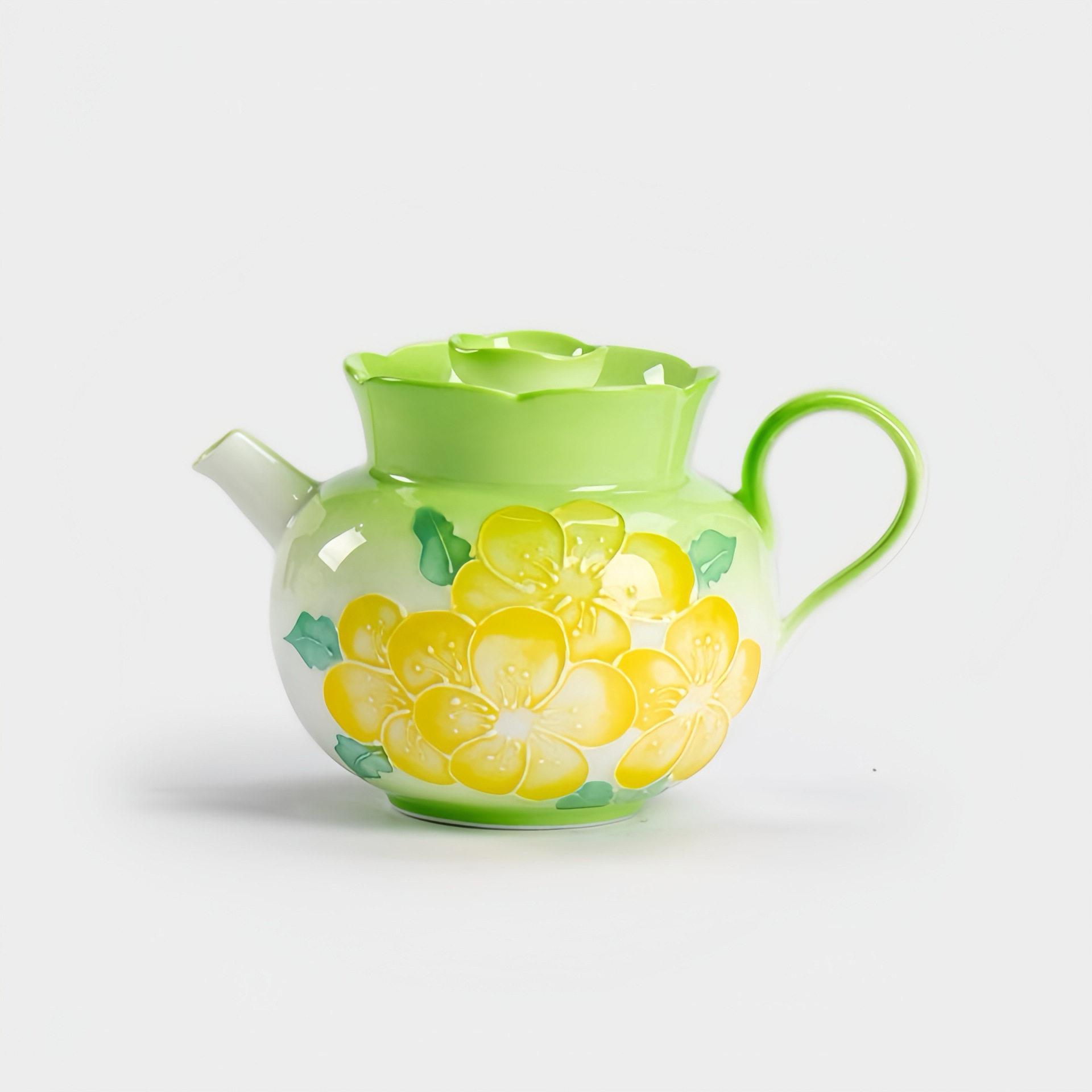 珐华彩手绘迎春花陶瓷渐变绿釉下彩茶壶家用泡茶中式功夫茶具壶