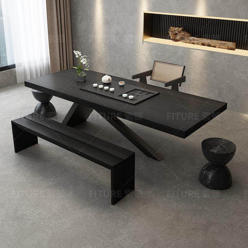 侘寂风碳化白蜡木茶桌实木桌椅组合客厅办公室工作台会议室喝茶桌