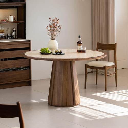 出乎生活山川圆桌洞石岩板圆餐桌侘寂风北美黑胡桃木小户型饭桌