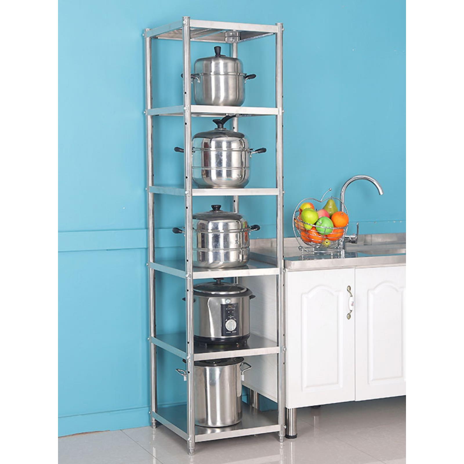不锈钢厨房置物架落地多层微波炉白钢整理家用橱柜收纳锅架子夹缝