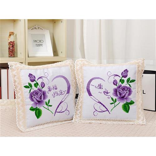 十字绣抱枕印花新款卡通u情侣一对紫玫瑰幸福约定一生一世婚庆