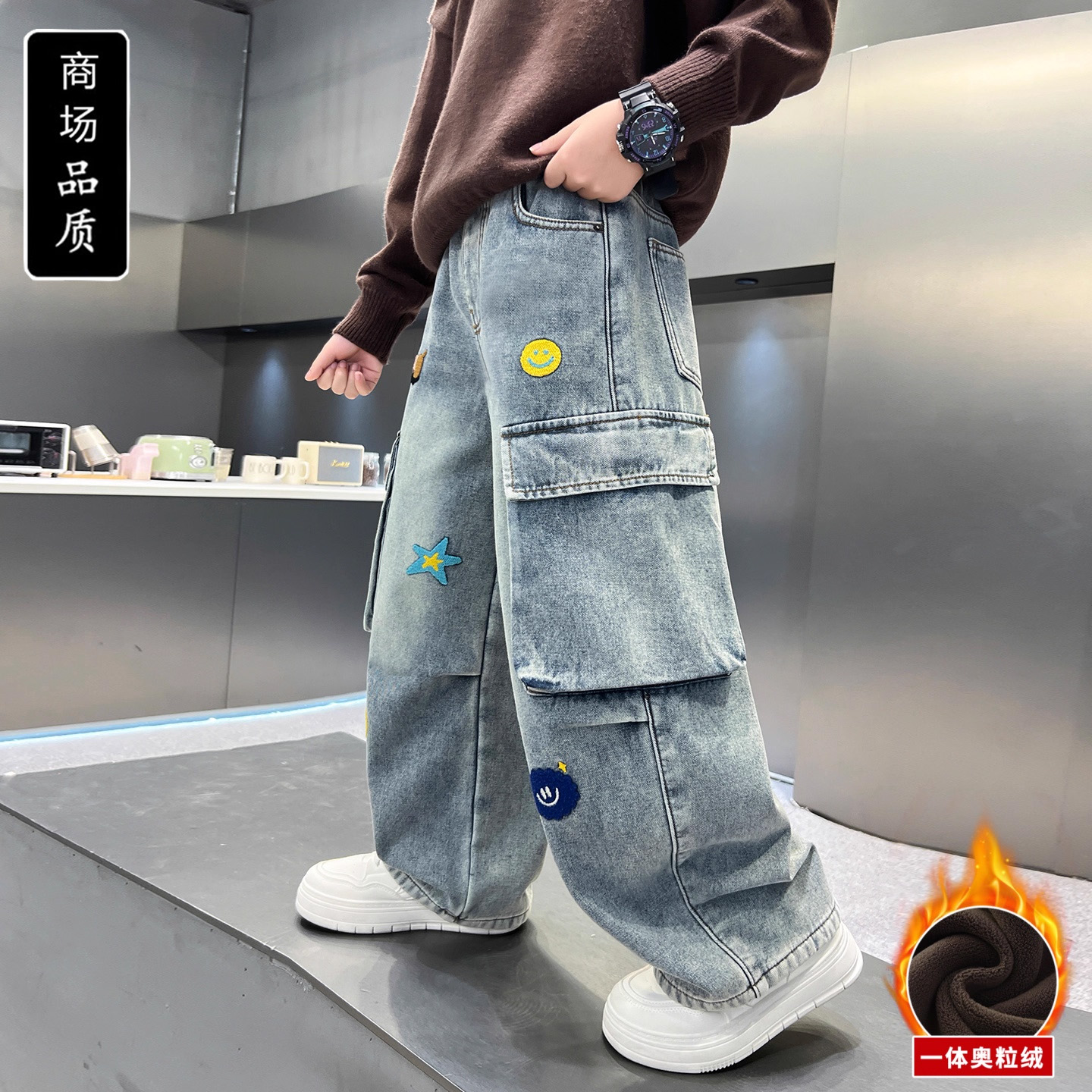 男童加绒裤子秋冬工装裤