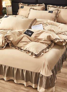 韩版轻奢水洗冰丝四件纯色春夏被季pxx10032天冰丝丝滑裸睡丝床单