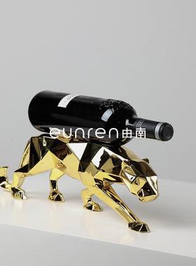 柜创意简设约几何面猎GPQ豹红酒切架摆件家居客厅酒摆工艺装饰品