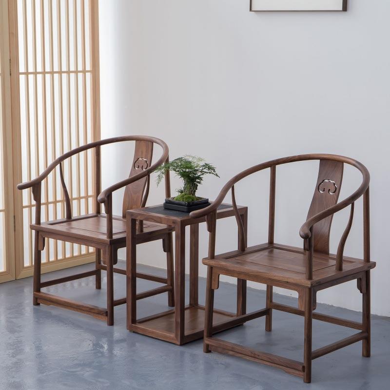 新q-634520中式黑全实木圈椅太茶几三件套胡桃木仿古官帽椅椅师茶