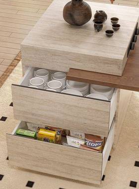 中古岛风全岩板台桌餐可缩一体家用洞石岩板多功80344能储物中岛