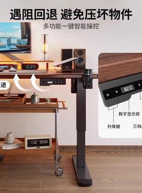 实木电动升脑降桌白色作电IAS竞桌用电桌台式卧室书桌办公家桌子