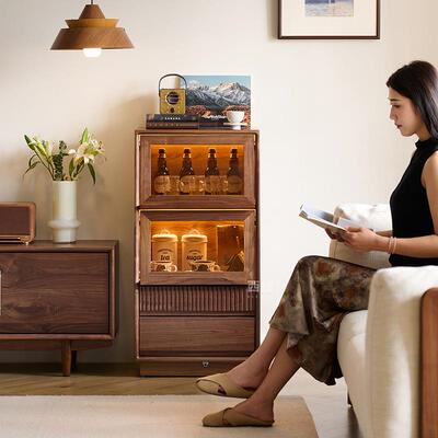 北展美黑胡桃KIG木柜电视旁小边柜带斗翻盖玻璃示柜家用客厅实木