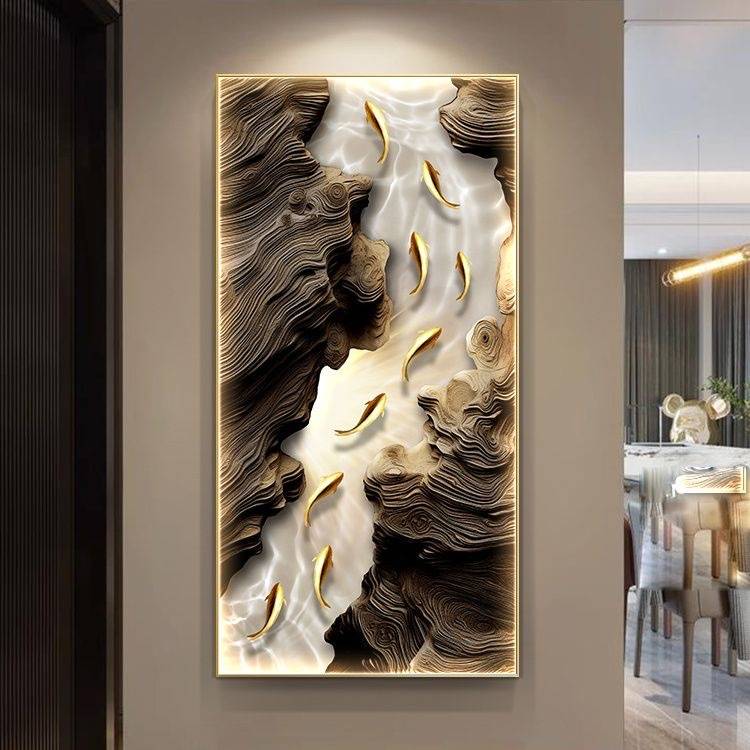 九鱼图玄关装饰画简约现代走廊过道挂画寓意好发光led灯壁画轻奢图片