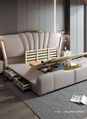 带网软灯皮意式主卧床储物红大床高端包床床轻奢79044豪华时尚结