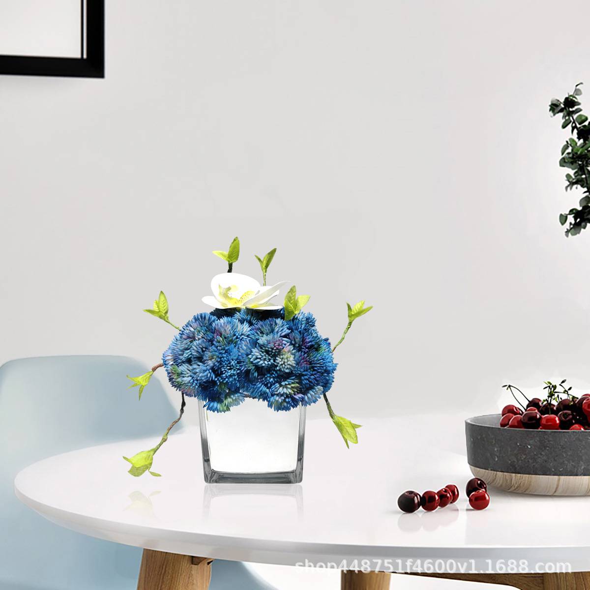 高端轻奢蓝色仿真花艺摆件样板房客厅餐桌摆花酒店售楼处软装饰品