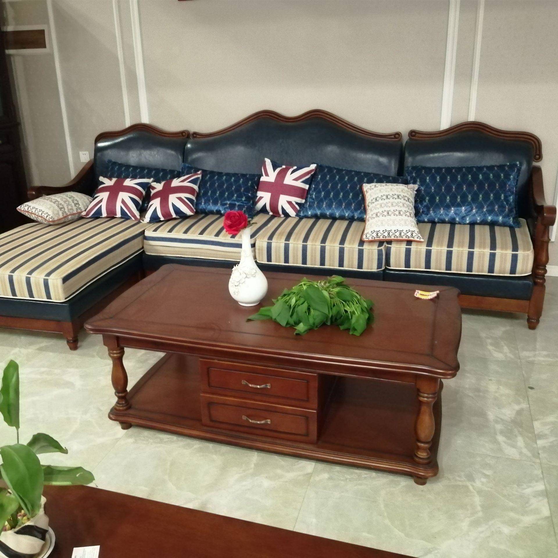 木沙发美妃式复古发高档质实木沙小WWF户型贵皮加布沙发客厅家具