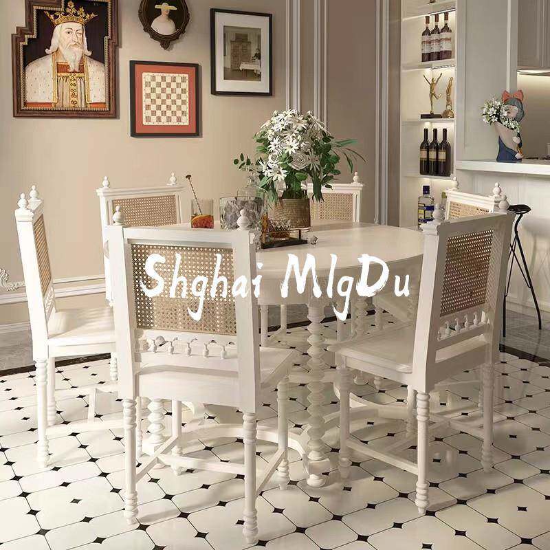 7美K复古黑骑士实家木圆餐椅组合餐椅法式雕花式饭桌用小F77J95H7