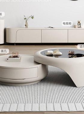 玻茶几家轻用客厅璃小户型奢现代简意式奶油网约红圆形电90467视