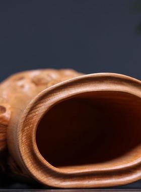 杨木雕高档实办公室桌面中国风笔筒收纳工艺MIY盒品摆件木喜上黄