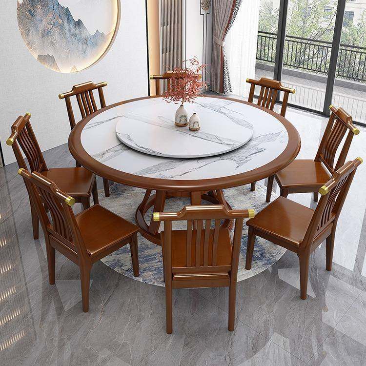 新中带式LJ-LYSJ-橡胶木实木餐桌椅组内合家用简约嵌轻奢饭桌转盘