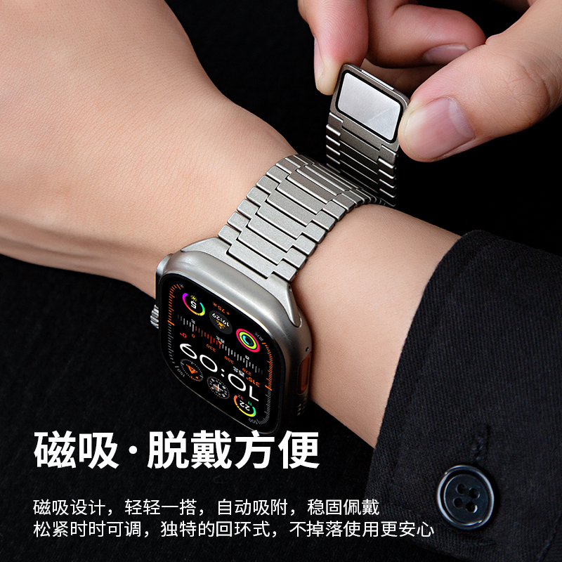 适用苹果手表带s10金属磁吸表带applewatch8/7/6回环链式iwatchS9新款不锈钢带Ultra1/2夏天运动透气男款高级
