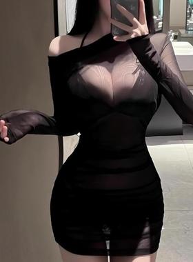 黑色连衣裙女辣妹夜点女装性感包臀裙子紧身纯欲修身御姐黑丝套装