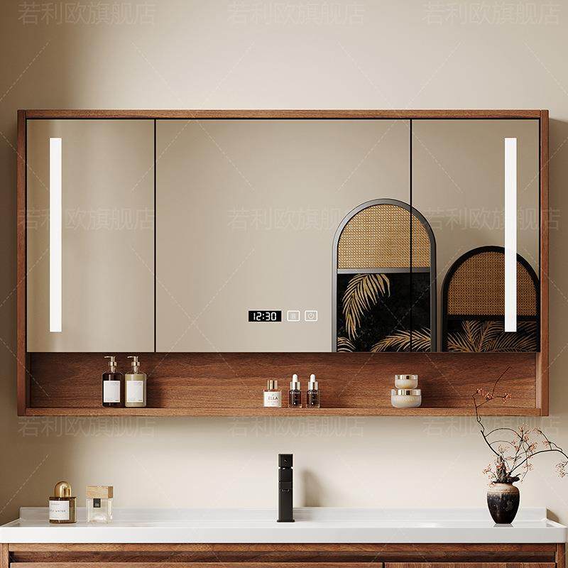 胡桃木色中古风浴室镜柜单独带灯卫生间镜子柜挂墙式带灯智能除雾