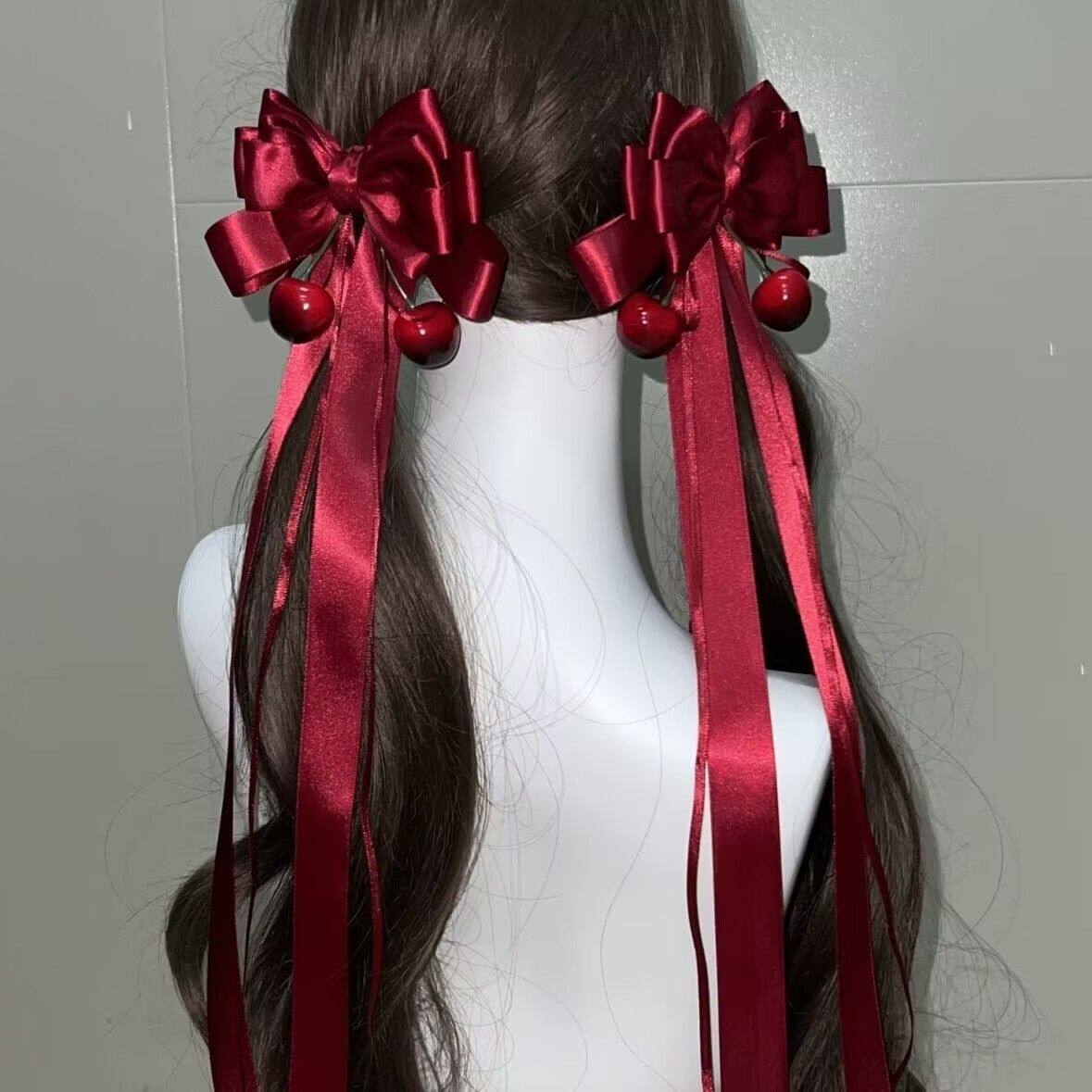 Little Fortune手作红色樱桃熟了多层蝴蝶结长飘带lolita边夹头饰