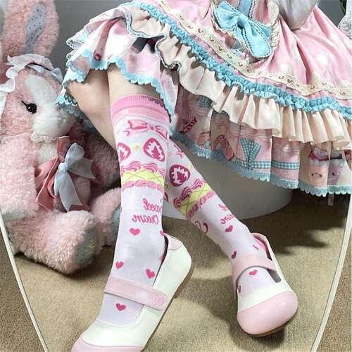 Little Fortune甜美印花巧克力色小熊lolita袜子洛丽塔可爱小腿袜