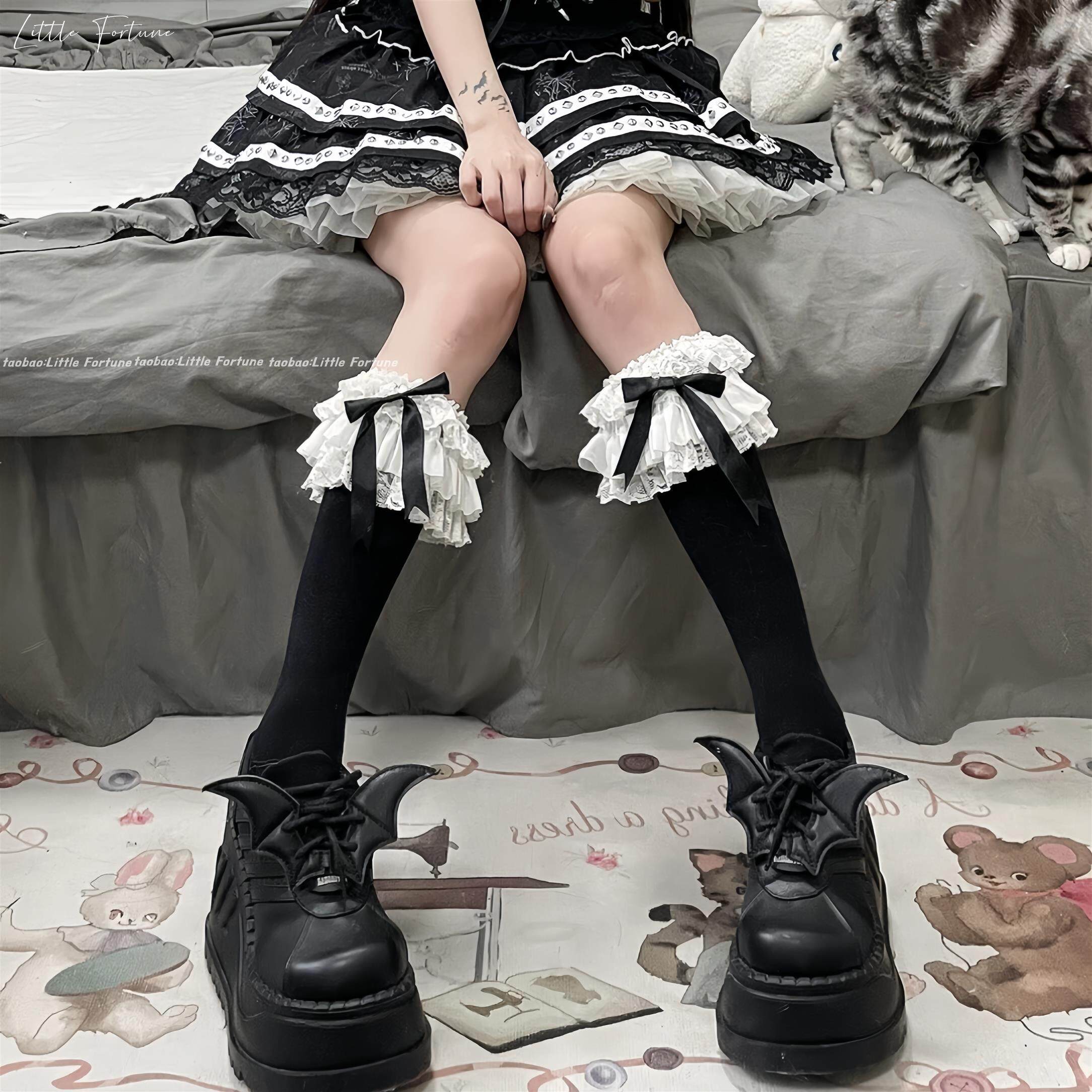 lolita蕾丝多层花边小腿袜女日系jk甜美蝴蝶结洛丽塔中筒袜配靴子