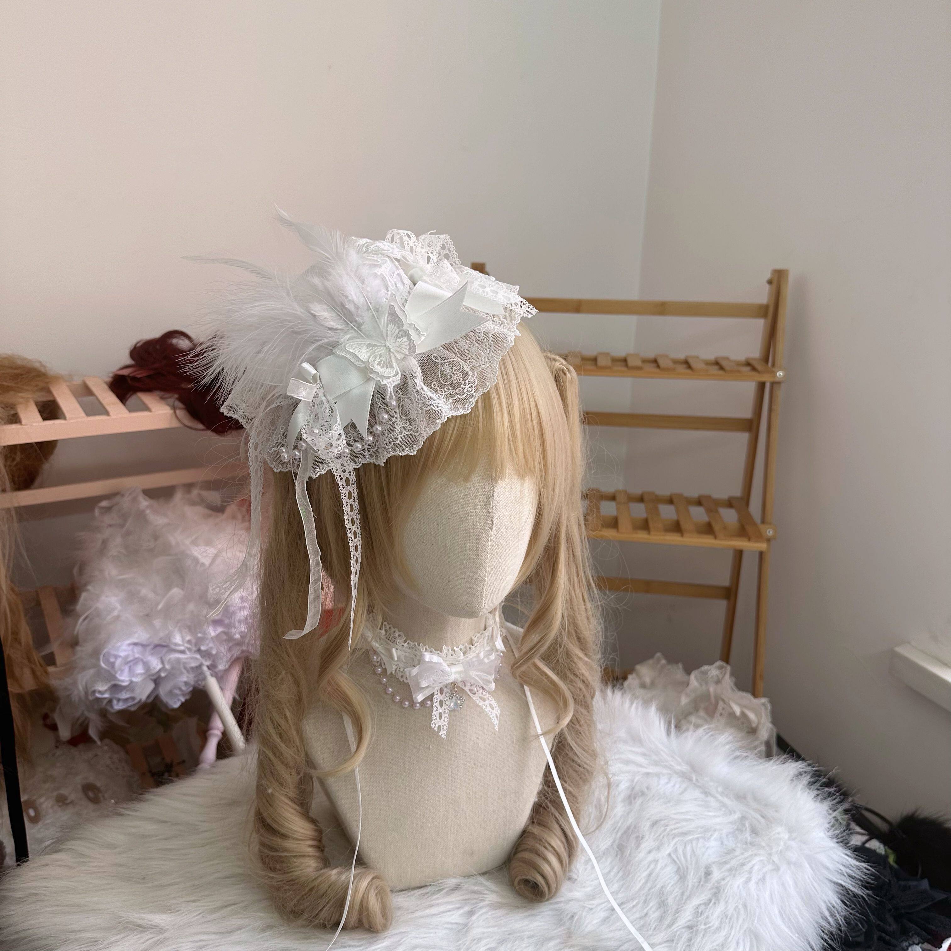 Little Fortune手作羽毛洛丽塔小礼帽lolita天使翅膀发带花丸项链