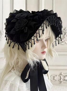 LittleFortune手作Lolita暗黑哥特风寡妇黑珍珠流苏黑玫瑰bnt扁帽