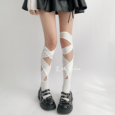 LittleFortune白色绑带袜子夏薄款个性y2k辣妹交叉不规则长筒过膝