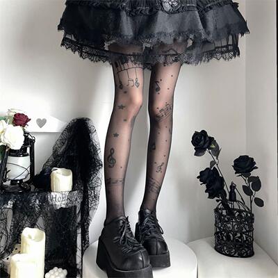 音符印花丝袜连裤袜薄款黑色袜子