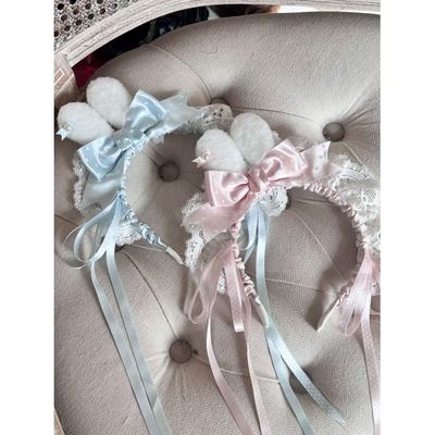 LittleFortune原创手作兔耳Lolita蝴蝶结波点发箍蓝白粉白头饰kc