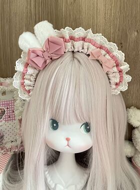 LittleFortune原创lolita浓粉色粉白可爱兔耳手作发箍 蝴蝶结小兔