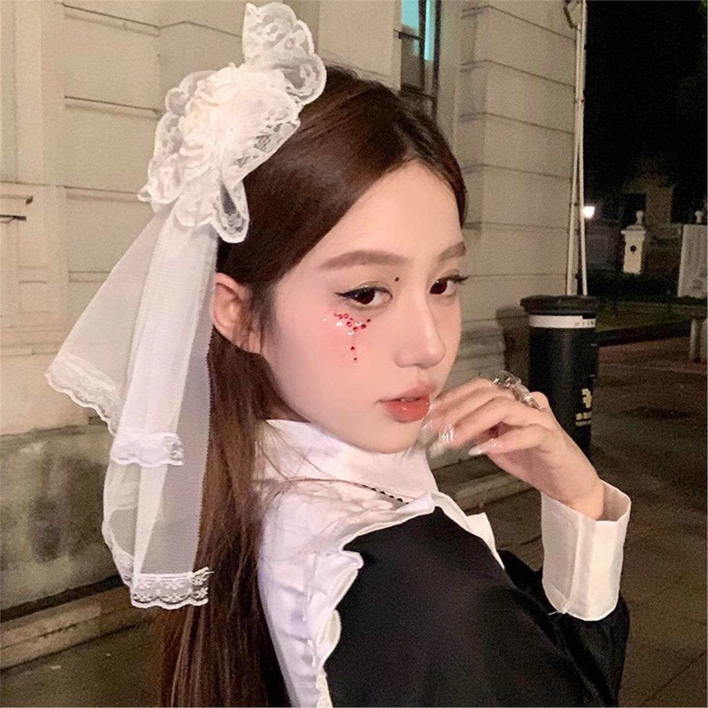 LittleFortune黑白双色Lolita头纱洛丽塔拖尾发夹蕾丝边夹cos发饰