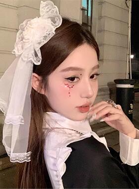 LittleFortune黑白双色Lolita头纱洛丽塔拖尾发夹蕾丝边夹cos发饰