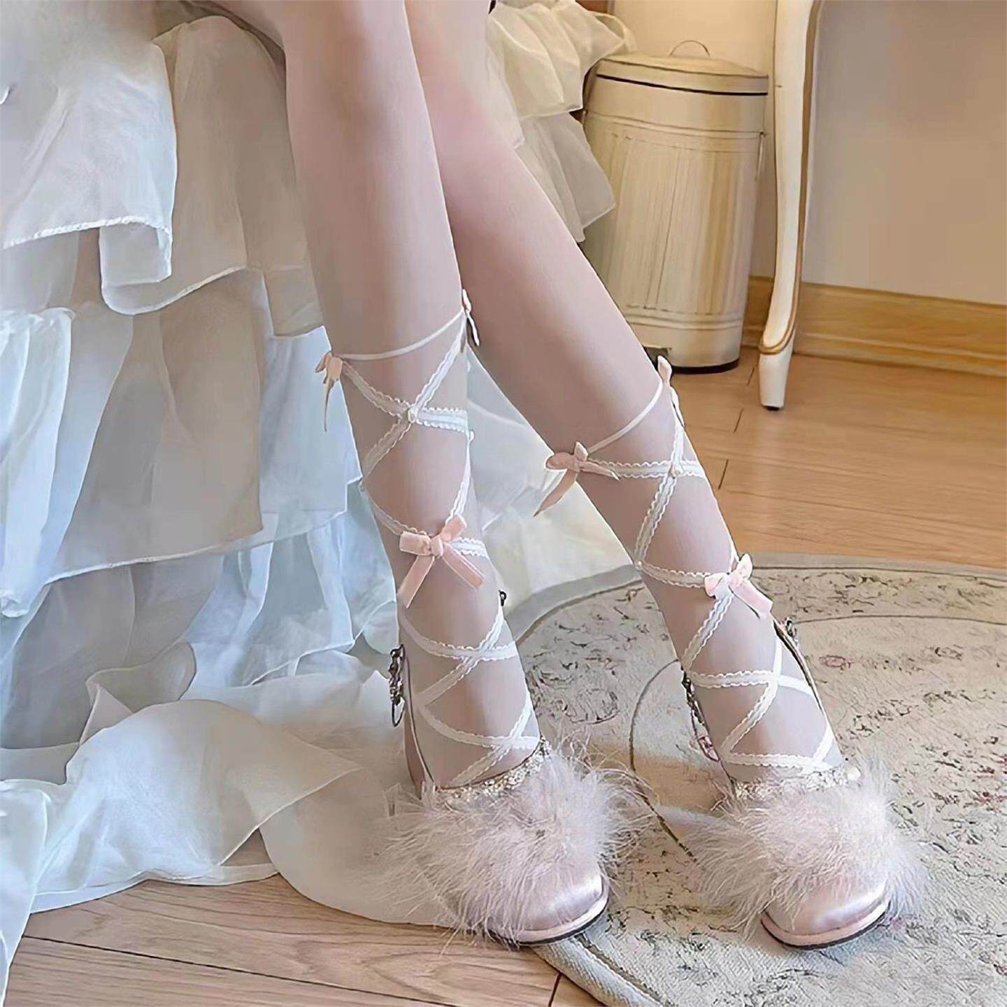 LittleFortun日系纯欲Lolita交叉绑带白丝少女甜美丝绒蝴蝶结丝袜