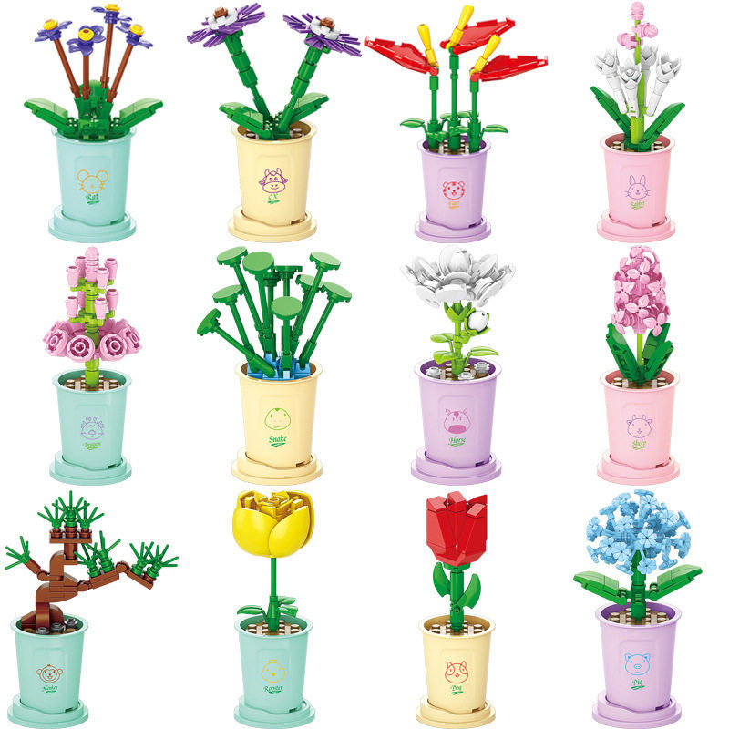 乐乐兄弟8814盆栽花积木花束拼装玩具摆件玫瑰花女孩生日礼物图片