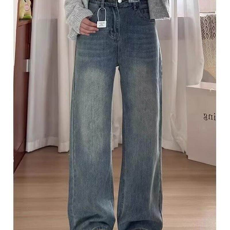复古蓝直筒牛仔裤女春季新款高腰胖mm显瘦梨形身材宽松阔腿长裤子